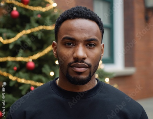 Handsome Africans Americans man wearing a black blank crewneck sweatshirt. mock up style photo. background outside at Christmas's time.