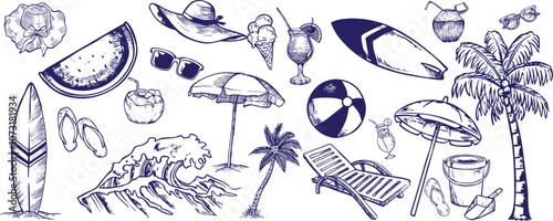 Doodle set of travel and camping icons.