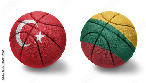 basketball balls with the national flags of lithuania and turkey on the white background. photo