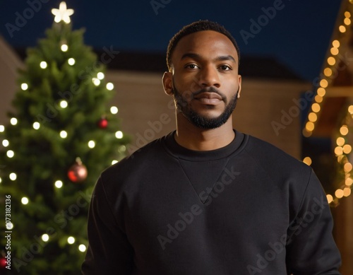 Handsome Africans Americans man wearing a black blank crewneck sweatshirt. mock up style photo. background outside at Christmas's time.