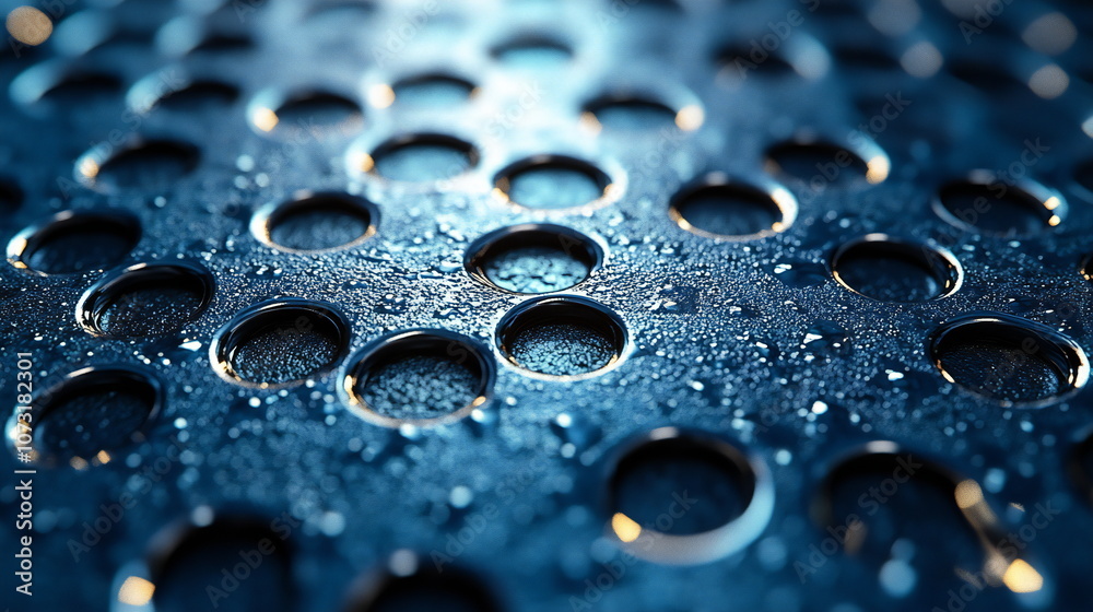 A close-up of a metallic surface with a pattern of circular holes, illuminated with a blue hue. The surface is wet with droplets of water, creating a glistening effect. A close-up of a metallic surface with a pattern of circular holes, illuminated with a blue hue. The surface is wet with droplets of water, creating a glistening effect.