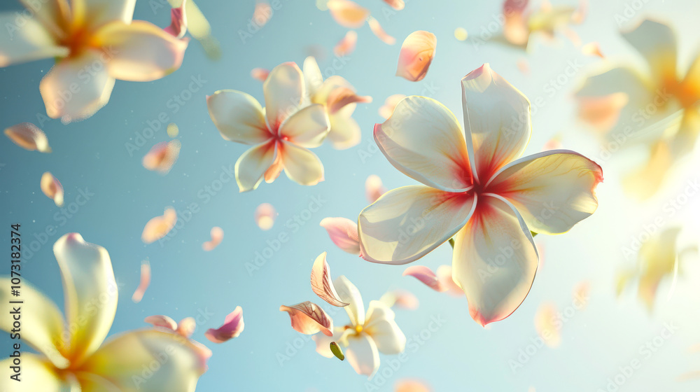 Obraz premium The concept of a backdrop for a postcard on March 8. A bouquet of white plumeria flowers floats in the air. Flowers are scattered all over the sky, creating a feeling of freedom and lightness