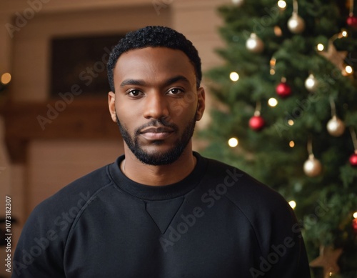 Handsome Africans Americans man wearing a black blank crewneck sweatshirt. mock up style photo. background outside at Christmas's time.