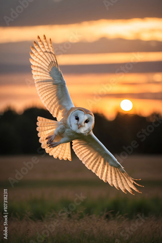 A barn owl flies through a field at sunset, with the sun shining through its wings