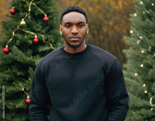 Handsome Africans Americans man wearing a black blank crewneck sweatshirt. mock up style photo. background outside at Christmas's time.