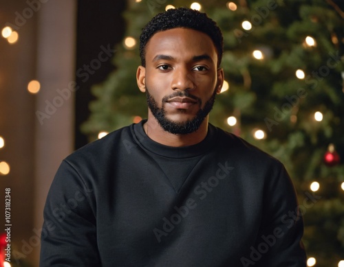 Handsome Africans Americans man wearing a black blank crewneck sweatshirt. mock up style photo. background outside at Christmas's time.