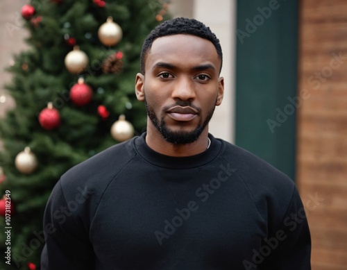 Handsome Africans Americans man wearing a black blank crewneck sweatshirt. mock up style photo. background outside at Christmas's time.