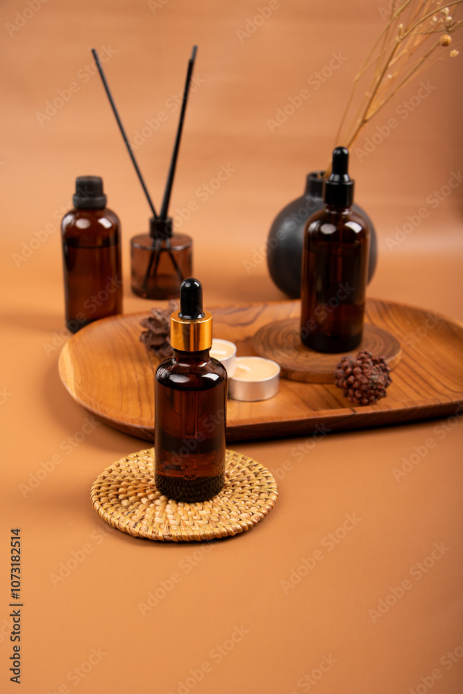 Amber Dropper Bottle with Natural Wooden Tray and Candle for Skincare Product Mockup Amber Dropper Bottle with Natural Wooden Tray and Candle for Skincare Product Mockup