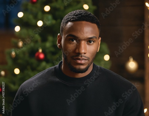 Handsome Africans Americans man wearing a black blank crewneck sweatshirt. mock up style photo. background outside at Christmas's time.