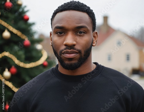 Handsome Africans Americans man wearing a black blank crewneck sweatshirt. mock up style photo. background outside at Christmas's time.