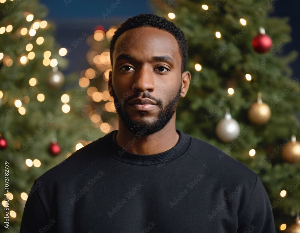 Handsome Africans Americans man wearing a black blank crewneck sweatshirt. mock up style photo. background outside at Christmas's time. Handsome Africans Americans man wearing a black blank crewneck sweatshirt. mock up style photo. background outside at Christmas's time.