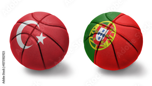 basketball balls with the national flags of portugal and turkey on the white background. photo