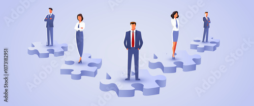 Business people standing together on jigsaw puzzle as a team.