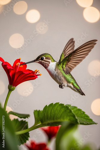 A hummingbird hovers in mid-air, feeding from a red hibiscus flower photo