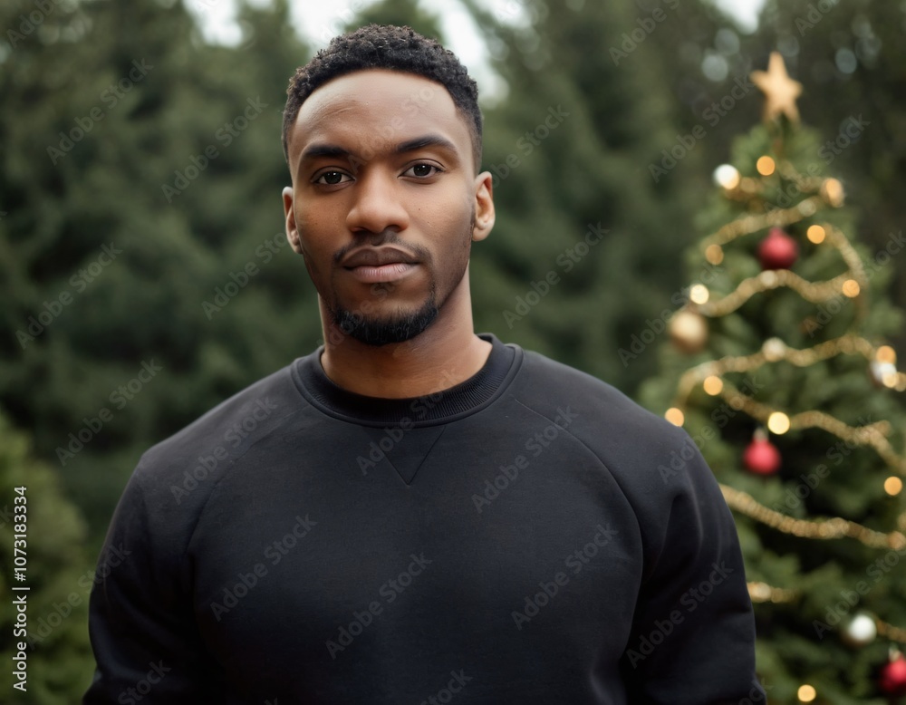 Handsome Africans Americans man wearing a black blank crewneck sweatshirt. mock up style photo. background outside at Christmas's time. Handsome Africans Americans man wearing a black blank crewneck sweatshirt. mock up style photo. background outside at Christmas's time.