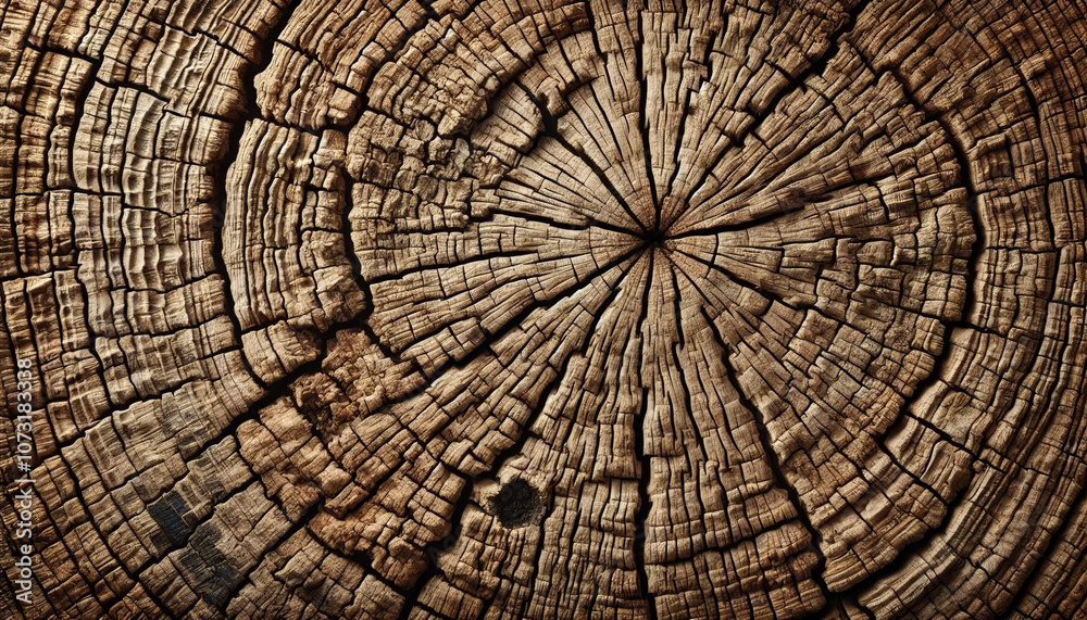 Fototapeta premium Detailed Cross-Section of Tree Trunk with Cracked Rings for Natural Wood Texture Background