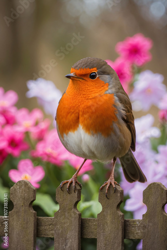 A robin perches on a wooden fence, surrounded by colorful flowers in a garden
