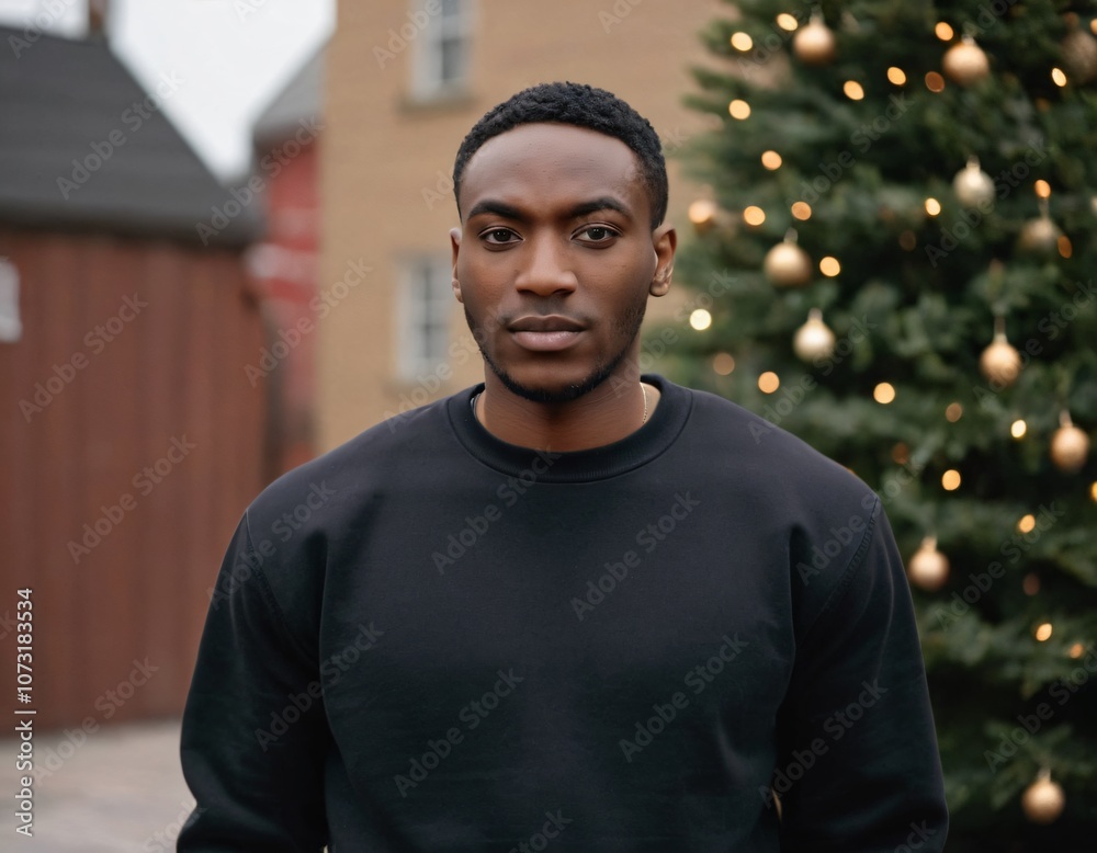 Handsome Africans Americans man wearing a black blank crewneck sweatshirt. mock up style photo. background outside at Christmas's time. Handsome Africans Americans man wearing a black blank crewneck sweatshirt. mock up style photo. background outside at Christmas's time.