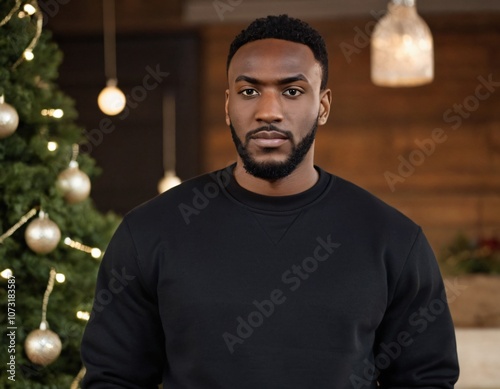 Handsome Africans Americans man wearing a black blank crewneck sweatshirt. mock up style photo. background outside at Christmas's time.
