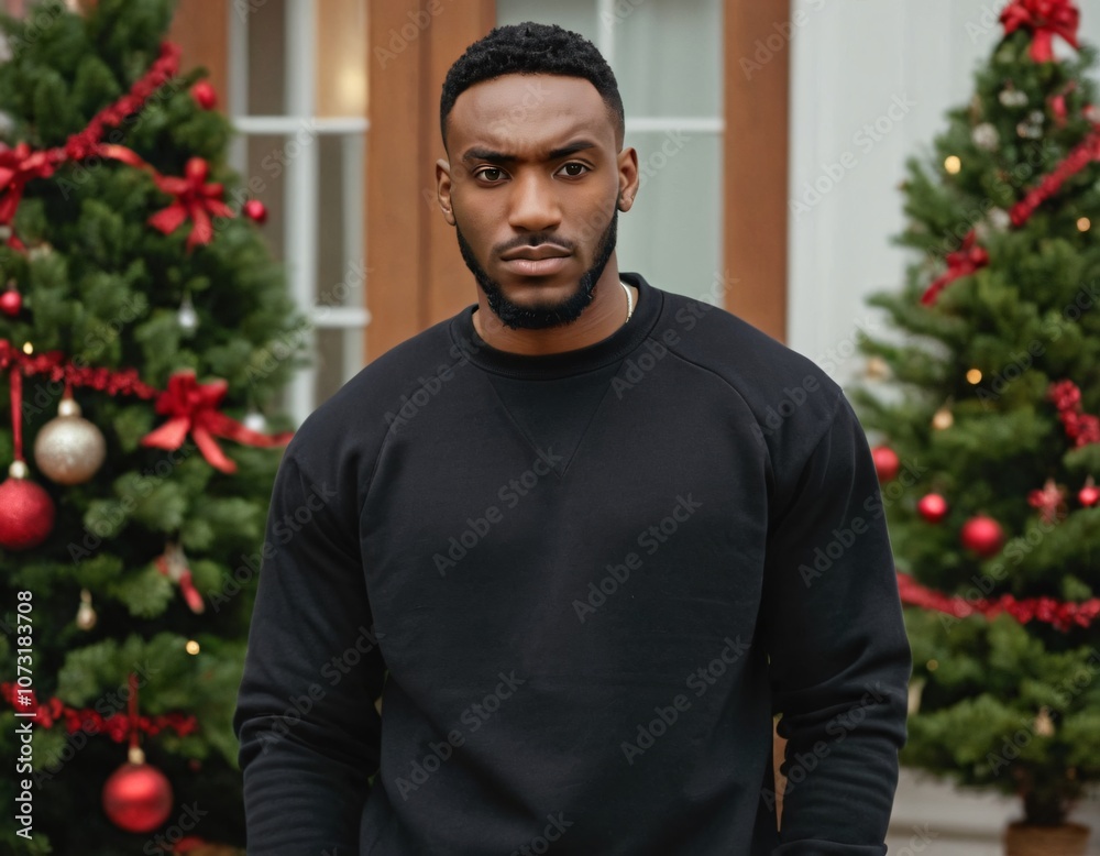 Handsome Africans Americans man wearing a black blank crewneck sweatshirt. mock up style photo. background outside at Christmas's time. Handsome Africans Americans man wearing a black blank crewneck sweatshirt. mock up style photo. background outside at Christmas's time.