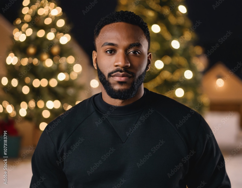 Handsome Africans Americans man wearing a black blank crewneck sweatshirt. mock up style photo. background outside at Christmas's time. Handsome Africans Americans man wearing a black blank crewneck sweatshirt. mock up style photo. background outside at Christmas's time.