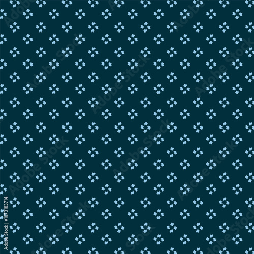 Abstract geometric floral seamless pattern. Simple raster minimalist texture with small flower silhouettes, diamonds. Elegant minimal background in dark blue color. vector illustration.