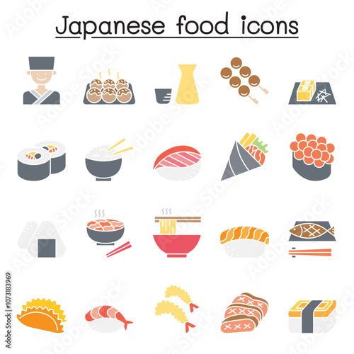 Japanese food icon set in flat color style