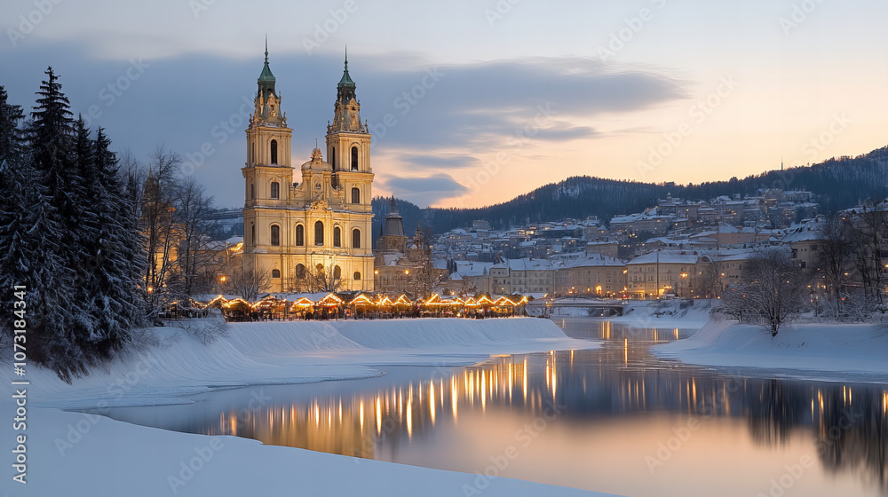 Fototapeta premium picturesque winter scene featuring historic church illuminated at dusk, surrounded by snow covered trees and serene river reflecting lights