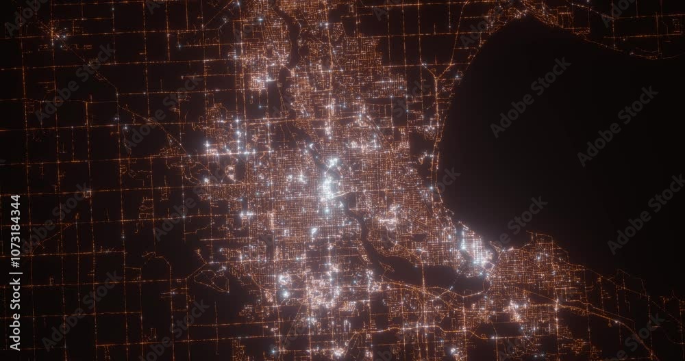 Appleton (Wisconsin, USA) aerial view at night. Top view on modern city with street lights. Camera is zooming out, rotating counterclockwise. Vertical video. The north is on the left side