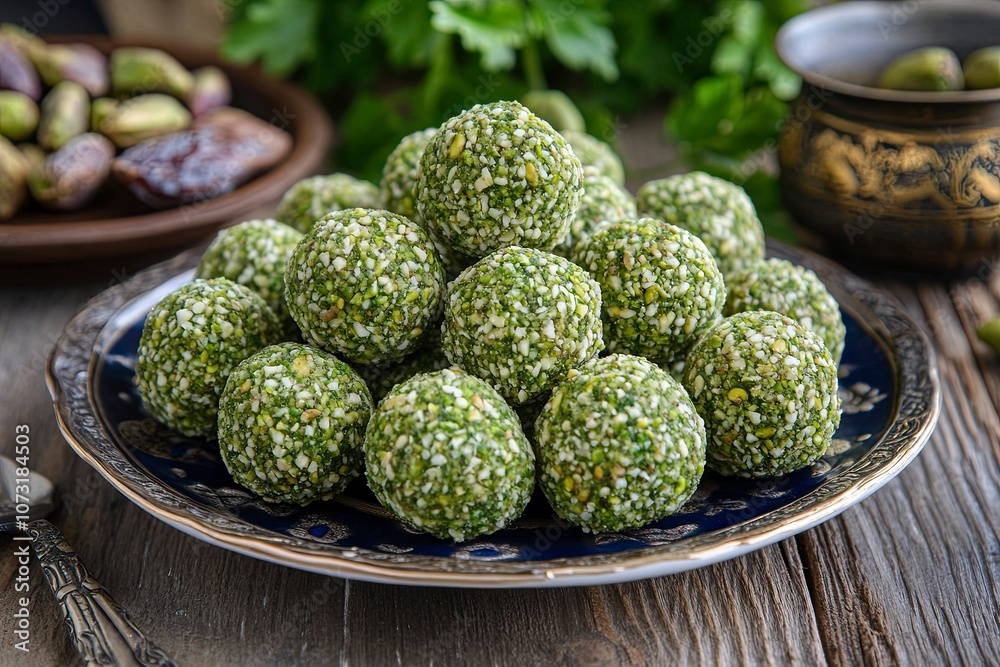 and image of chocalate covered pistachio date balls, realistic on table plate. generative ai and image of chocalate covered pistachio date balls, realistic on table plate. generative ai
