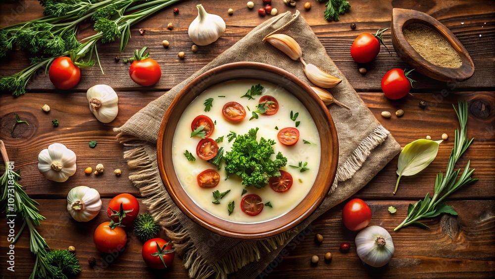 Aerial View of Creamy Soup Garnished with Fresh Herbs and Tomatoes on Rustic Table, Surrounded by Ingredients for a Cozy Culinary Experience Aerial View of Creamy Soup Garnished with Fresh Herbs and Tomatoes on Rustic Table, Surrounded by Ingredients for a Cozy Culinary Experience