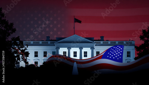 Silhouette of White House with united state of America flag and stock market chart for USA election president related with economy and investment concept photo