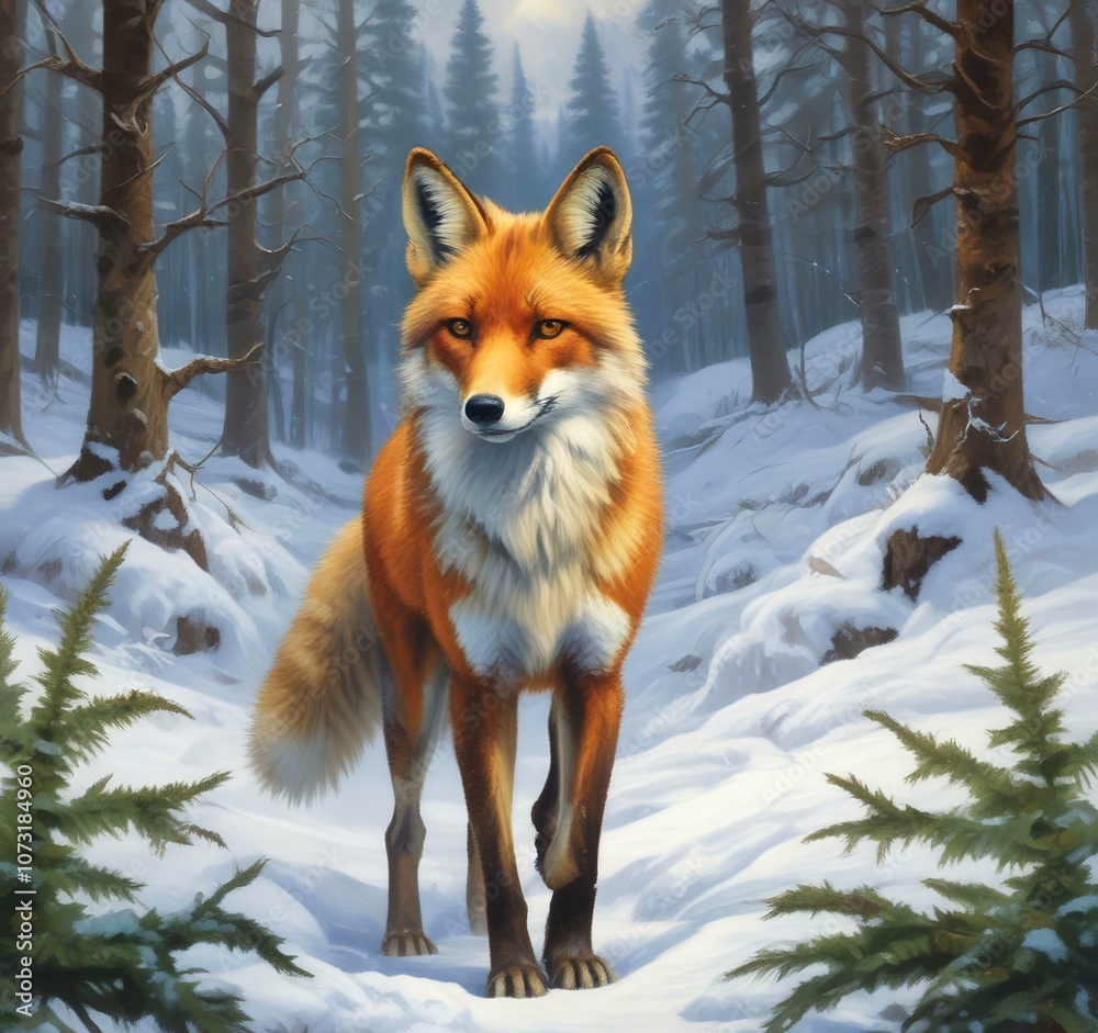 Obraz premium Illustration of cute animal. Fox in winter season.