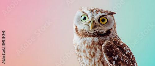 Closeup Portrait of a Curious Owl with Bright Yellow Eyes Against a Pastel Background, Closeup Portrait of a Curious Owl with Bright Yellow Eyes Agains photo