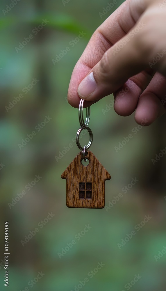 Small Wooden House Keychain Held In Hand Over Blurred Green Background With Copy Space. Small Wooden House Keychain Held In Hand Over Blurred Green Background With Copy Space.