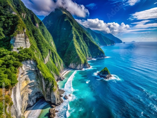 Aerial View of Majestic Qingshui Cliffs Overlooking the Ocean with Rugged Rock Faces and Serene Coastal Landscape in Taiwan's Scenic Paradise photo