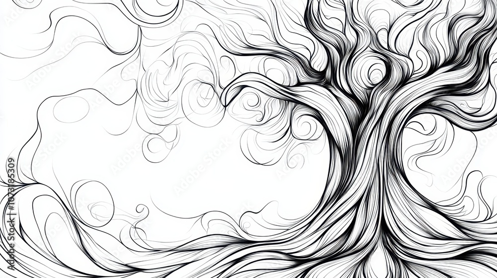 Fototapeta premium Abstract line art of a tree with swirling branches and roots, realistic and detailed on white