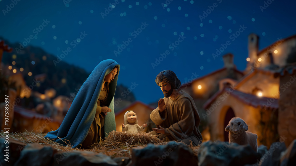 Fototapeta premium Joseph, Mary and Baby Jesus in the crib, 3D animation nativity scene in the Bethlehem. Christmas holidays greeting card with Holy family. 