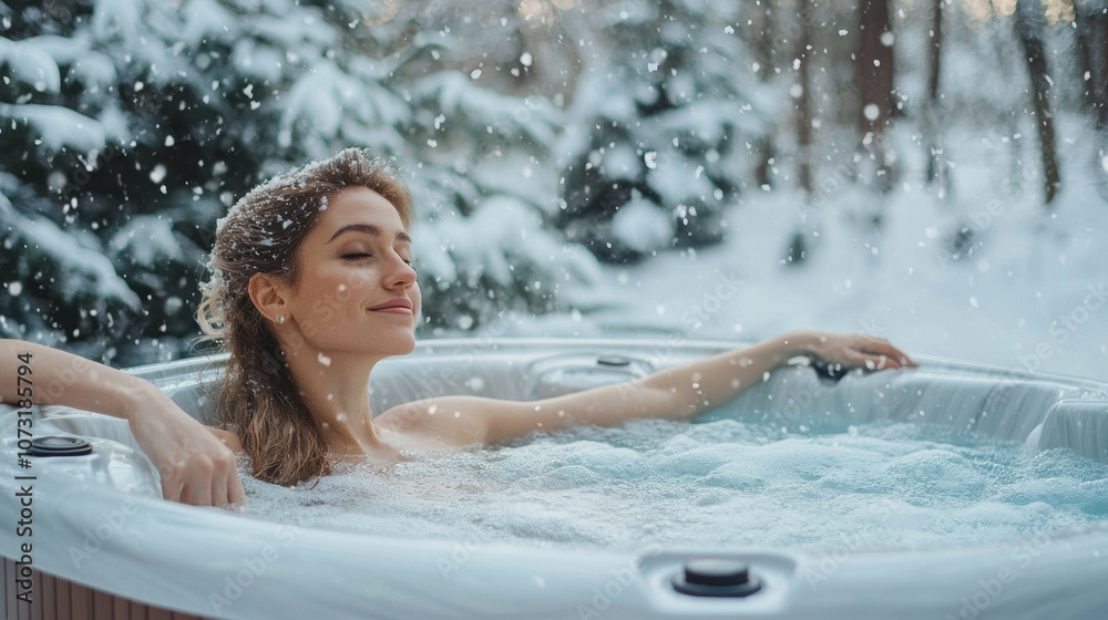 Fototapeta premium Portrait of a woman enjoys a luxury outdoor jacuzzi in the snowy winter forest