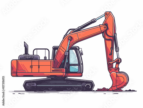 Red construction vehicle is digging into the ground. The image has a mood of hard work and determination