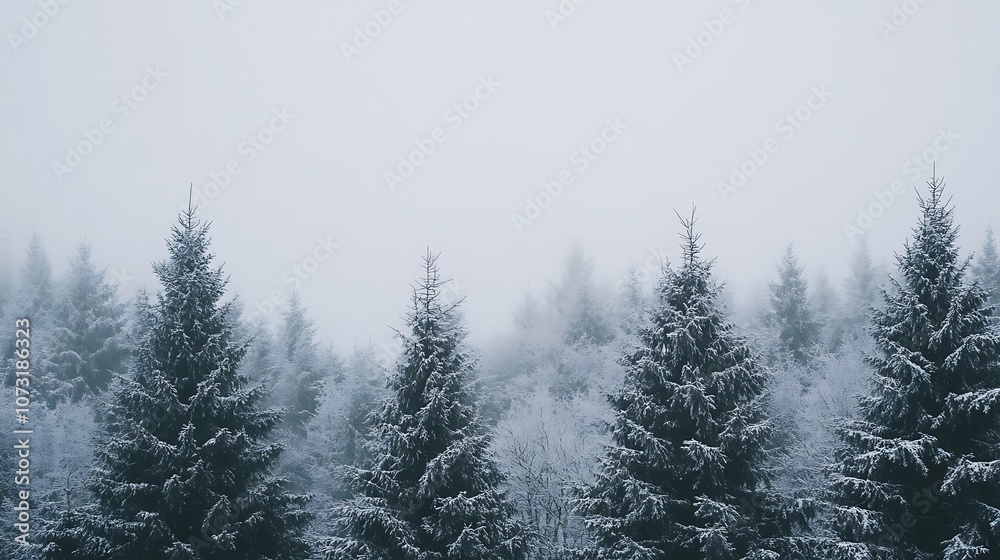 Snow-covered pine trees shrouded in fog in a winter forest Snow-covered pine trees shrouded in fog in a winter forest