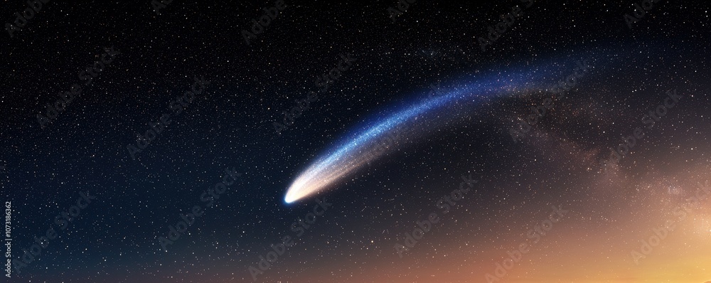 Obraz premium A vibrant comet streaks through a starry night sky, illuminating the cosmos with its bright tail against a beautiful gradient horizon.