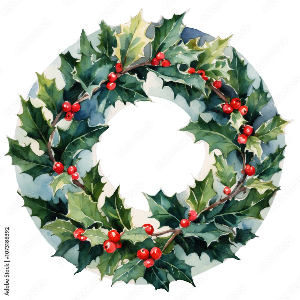 Fototapeta premium Christmas Wreath with Holly – Festive Watercolor Illustration on Transparent Background