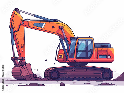 Large orange construction vehicle is digging into the ground. The image has a mood of hard work and determination, as the machine is focused on its task