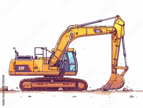 Yellow Caterpillar excavator is digging into the ground. The machine is large and powerful, with a long arm and a bucket at the end. The scene is dynamic and energetic