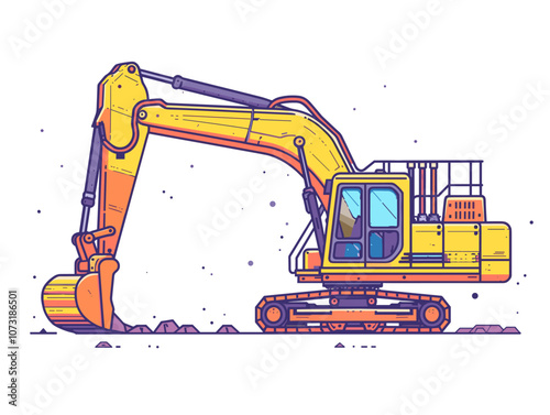 Yellow excavator is driving through a field of dirt. The machine is large and powerful, and it is clear that it is being used for heavy-duty work. The scene is somewhat chaotic, with the dirt