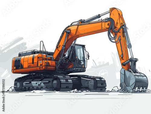 Large orange construction machine is shown in the foreground of the image. The machine is a bulldozer, and it is positioned in a way that it is digging into the ground. Scene is one of power