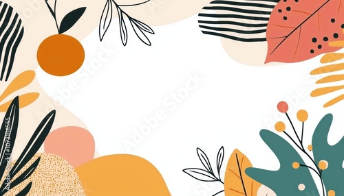 An abstract design featuring leaves, shapes, and orange elements, creating a vibrant, nature-inspired frame against a white background.