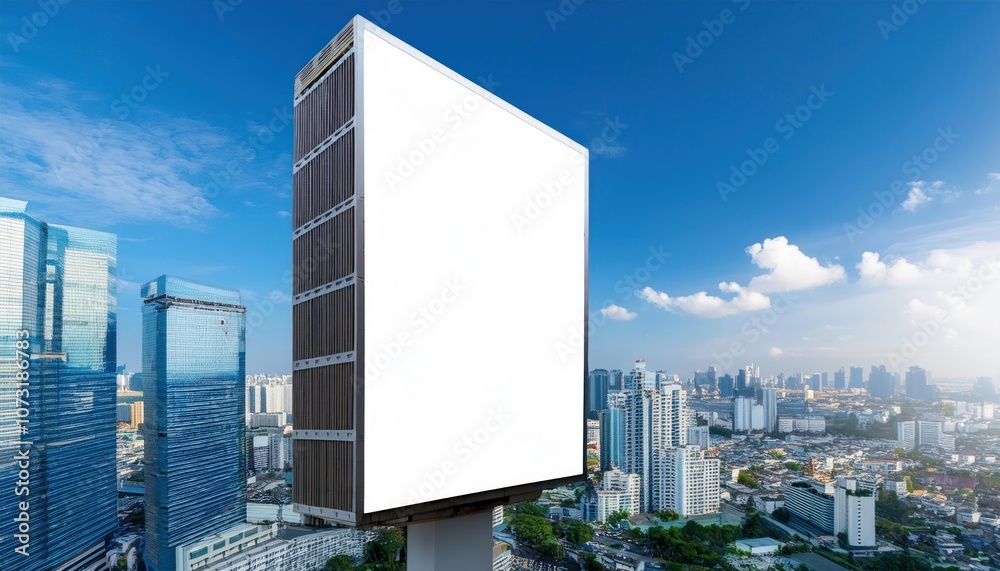 Mockup of White Vertical LED Display Billboards on Tower Building with Blue Sky Background Mockup of White Vertical LED Display Billboards on Tower Building with Blue Sky Background