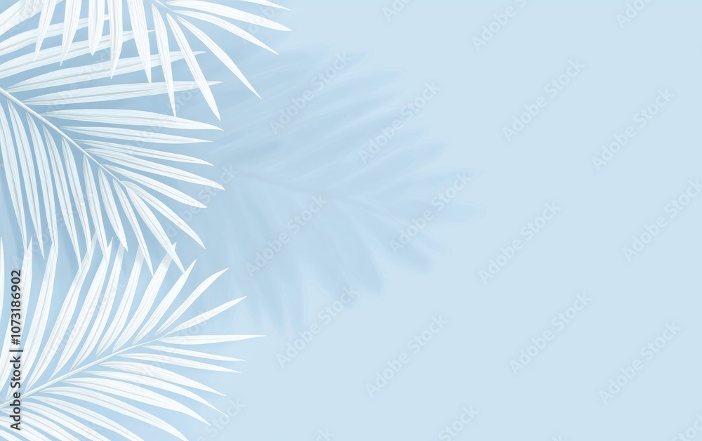 Obraz premium A serene background featuring white palm leaves against a soft blue backdrop, creating a calming and tropical atmosphere.